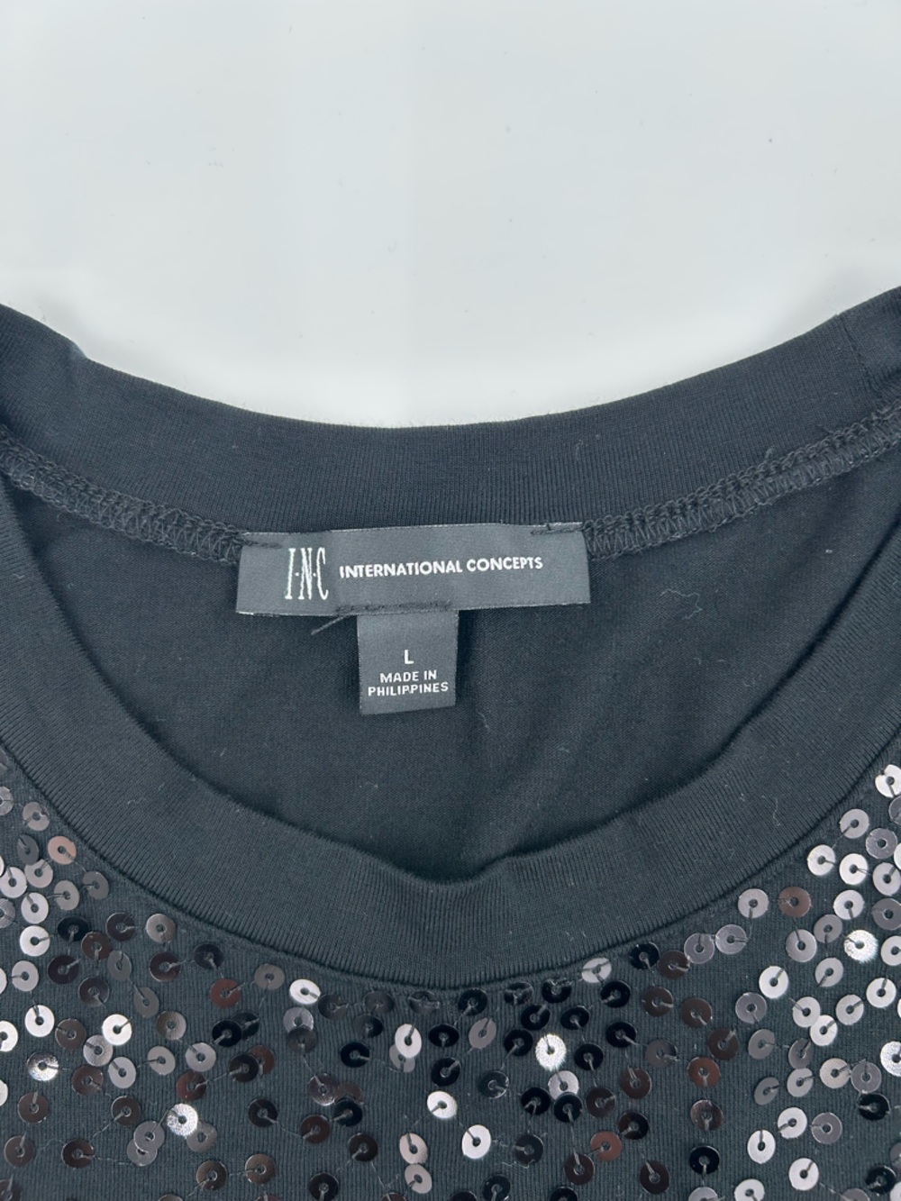 INC International Concepts Black Sequin Crewneck Tee L - Picture 2 of 7